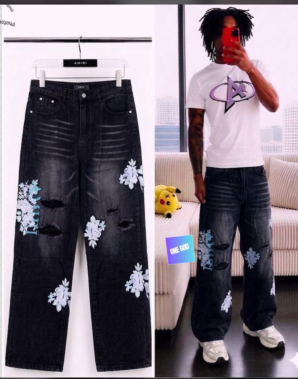 Black baggy jeans with floral embroidery and rips, shown hanging and on model.
