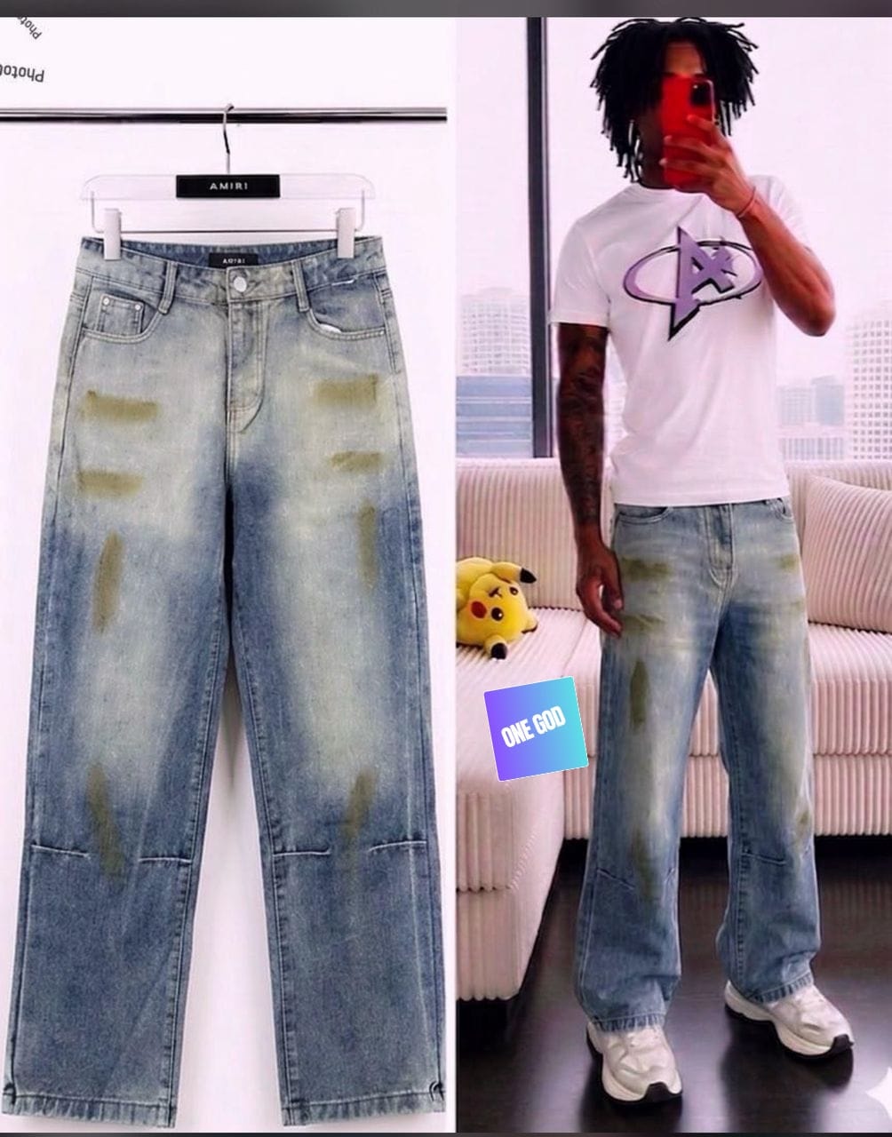 Light blue faded baggy jeans with distressing, shown hanging and on model.