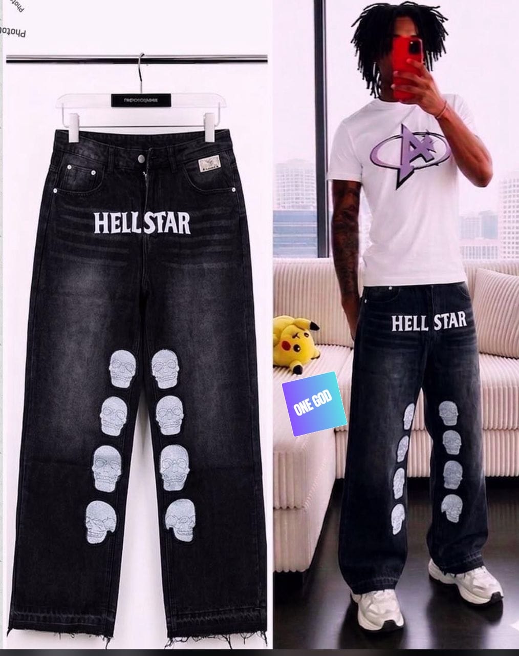 Black baggy jeans with HELLSTAR text and skull embroidery, shown hanging and on model.