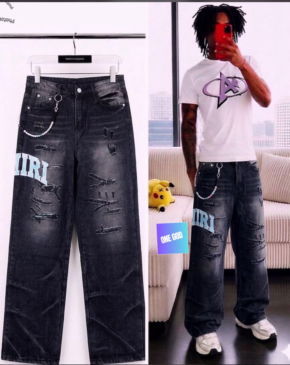 Black baggy distressed jeans with AMIRI text, rips and beaded chain, shown hanging and on model.
