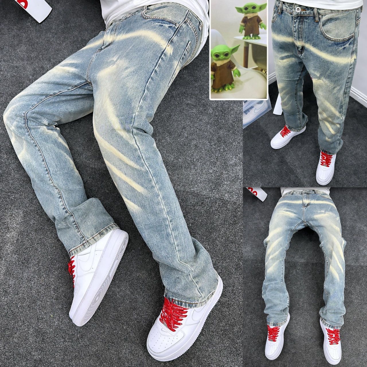 Multiple views of model wearing light blue jeans with horizontal bleach stripes, including back and side angles.