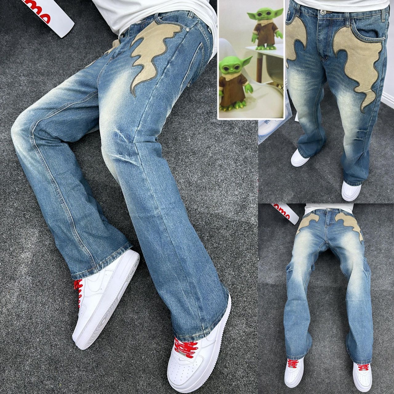 Multiple angles of model in blue jeans with beige flame patches on legs and back, plus small inset image.