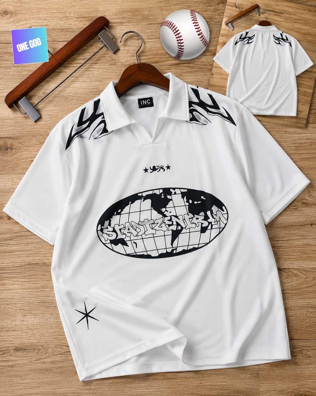 White short sleeve polo with black flame, globe and star graphics, shown with back view.