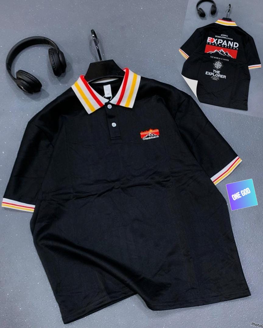 Black polo shirt with striped collar and expand explorer prints.