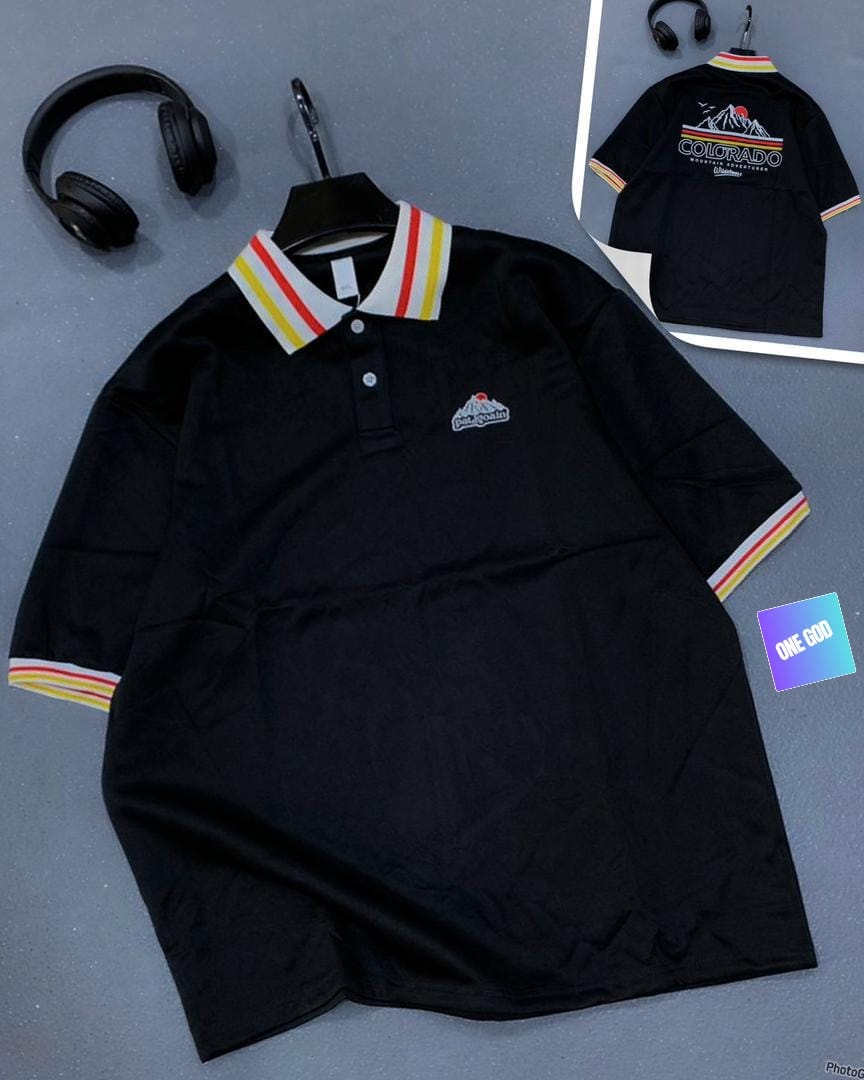 Black polo shirt with striped collar and Colorado mountain logo.