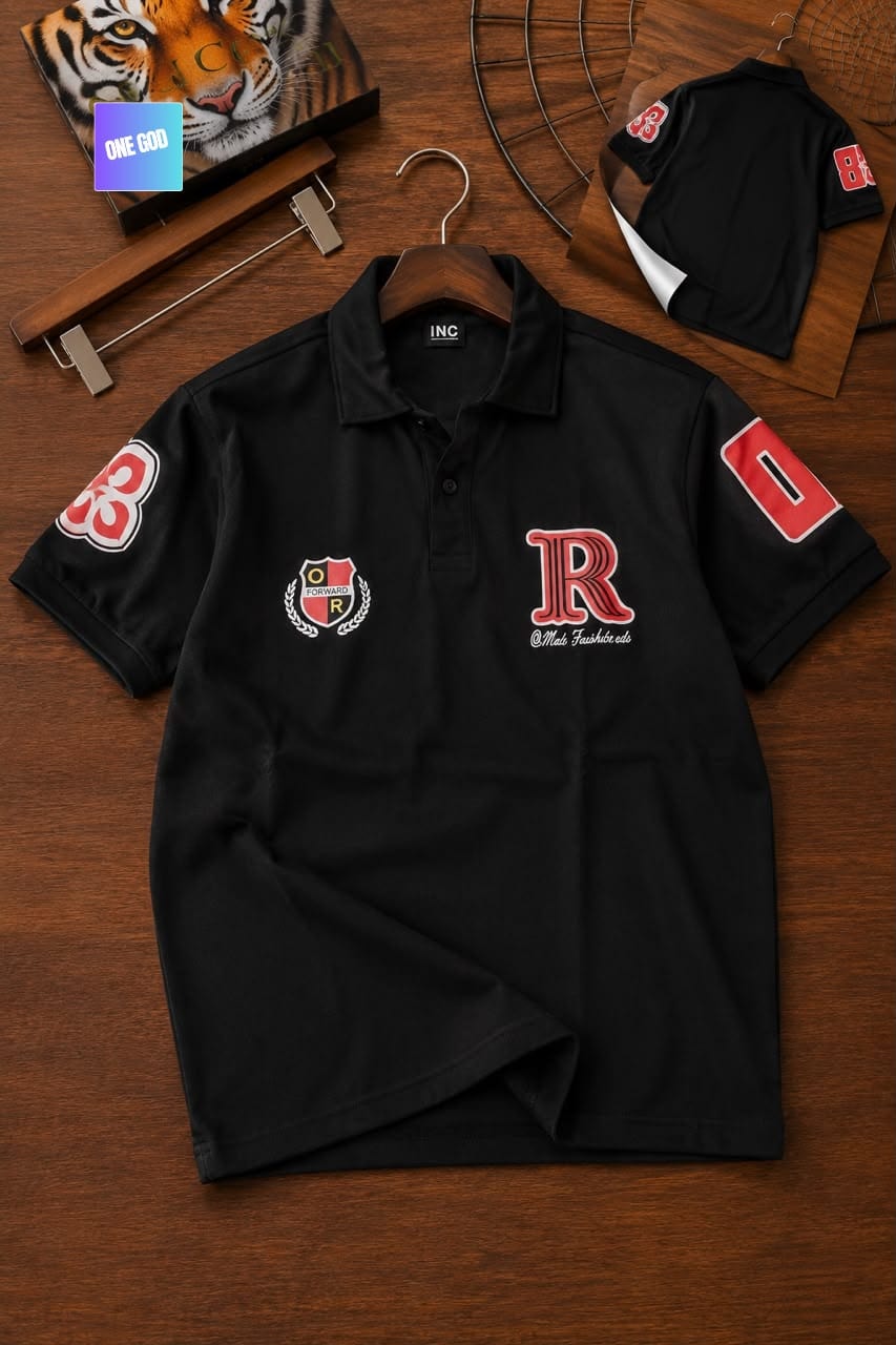 Black polo shirt with red R logo, crest and 88 sleeve patches.