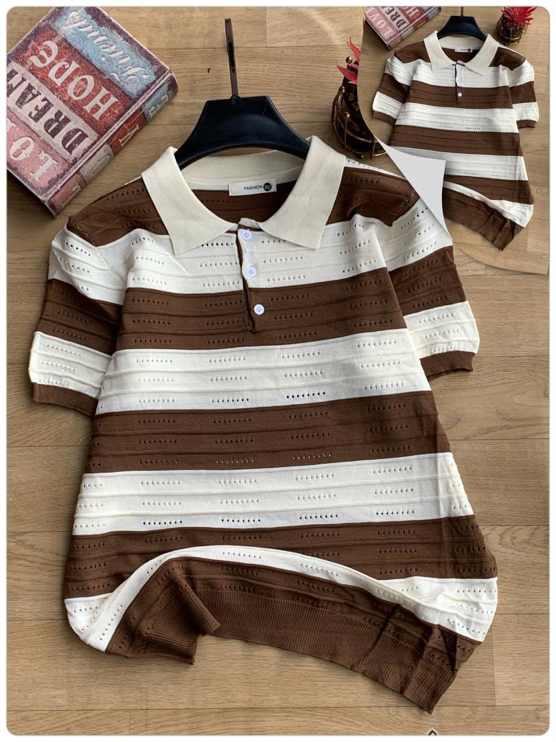 Brown and white striped perforated knit polo shirt flat lay with inset detail view.