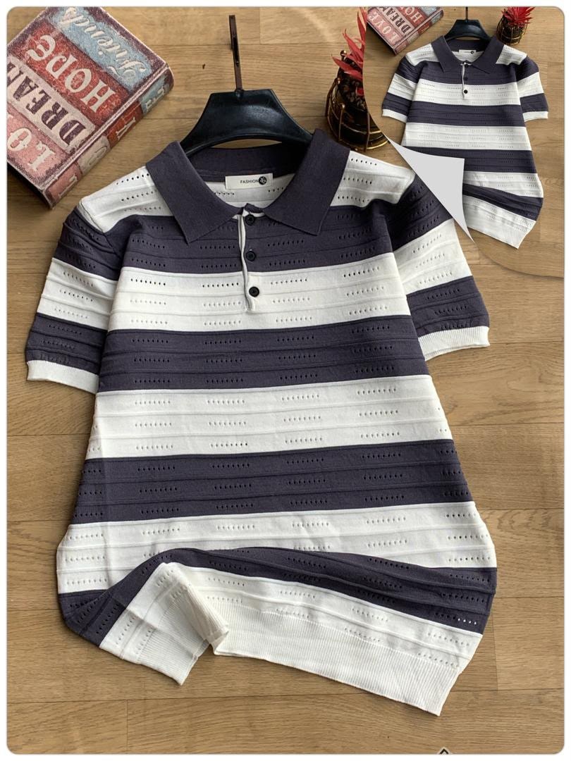 Navy and white striped perforated knit polo shirt flat lay with inset detail view.