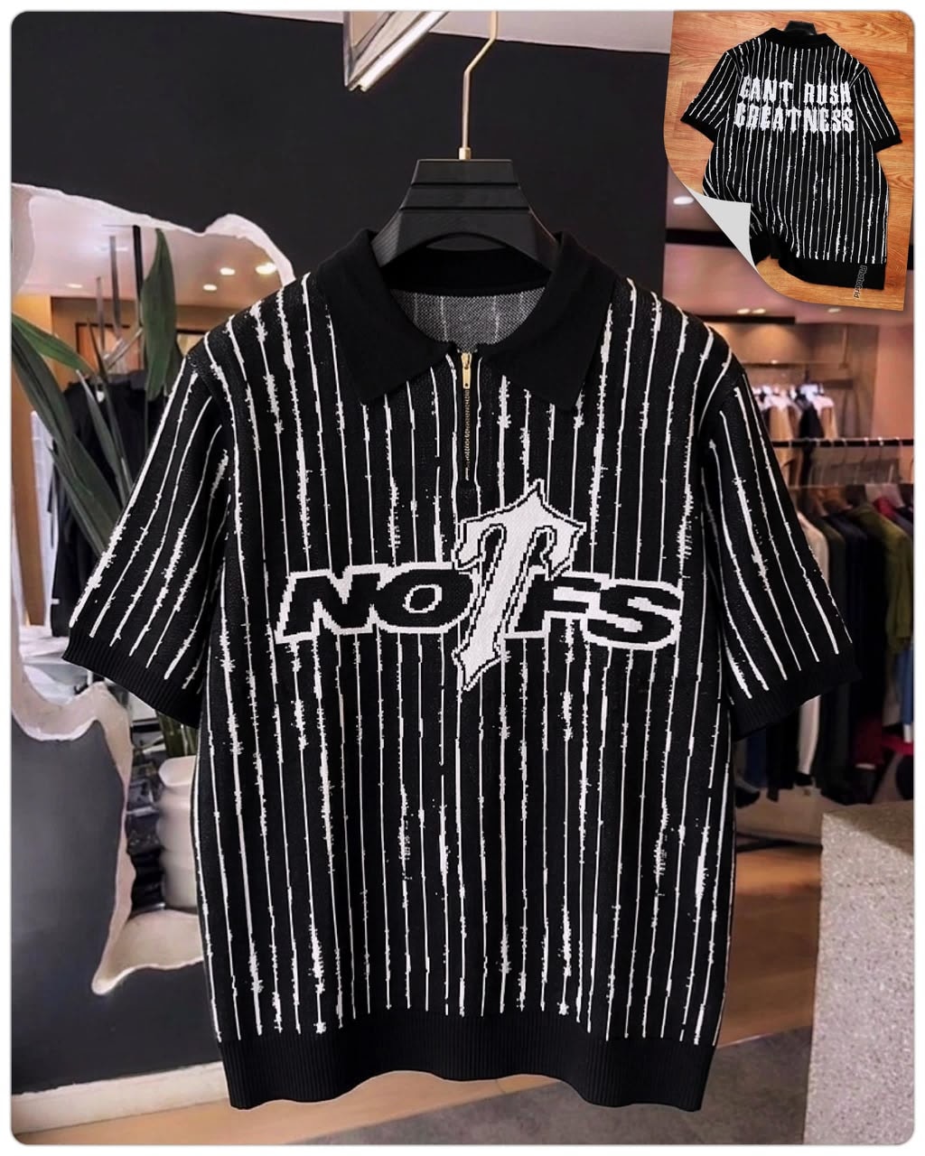 Black vertical striped NO1FS knit polo with white graphic on hanger, back view inset.