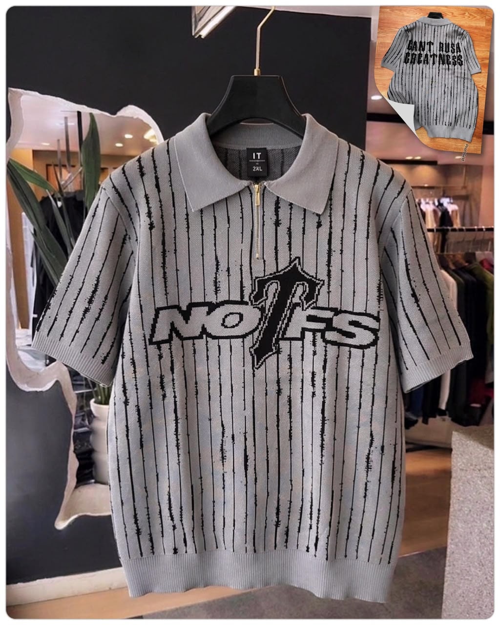 Gray vertical striped NO1FS knit polo with black graphic on hanger, back view inset.
