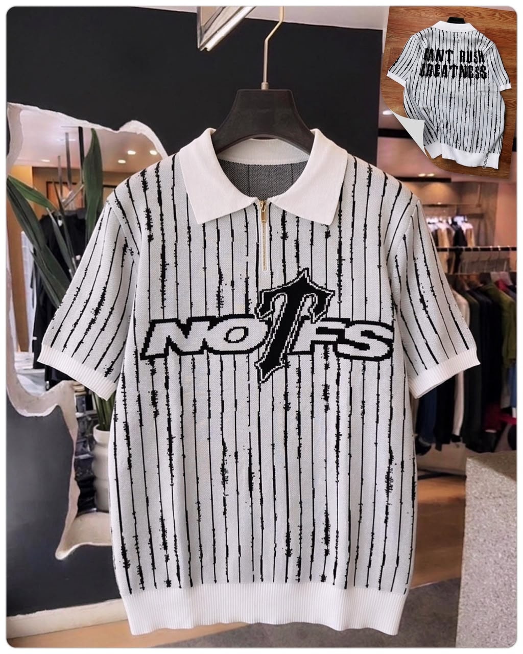 White vertical striped NO1FS knit polo with black graphic on hanger, back view inset.