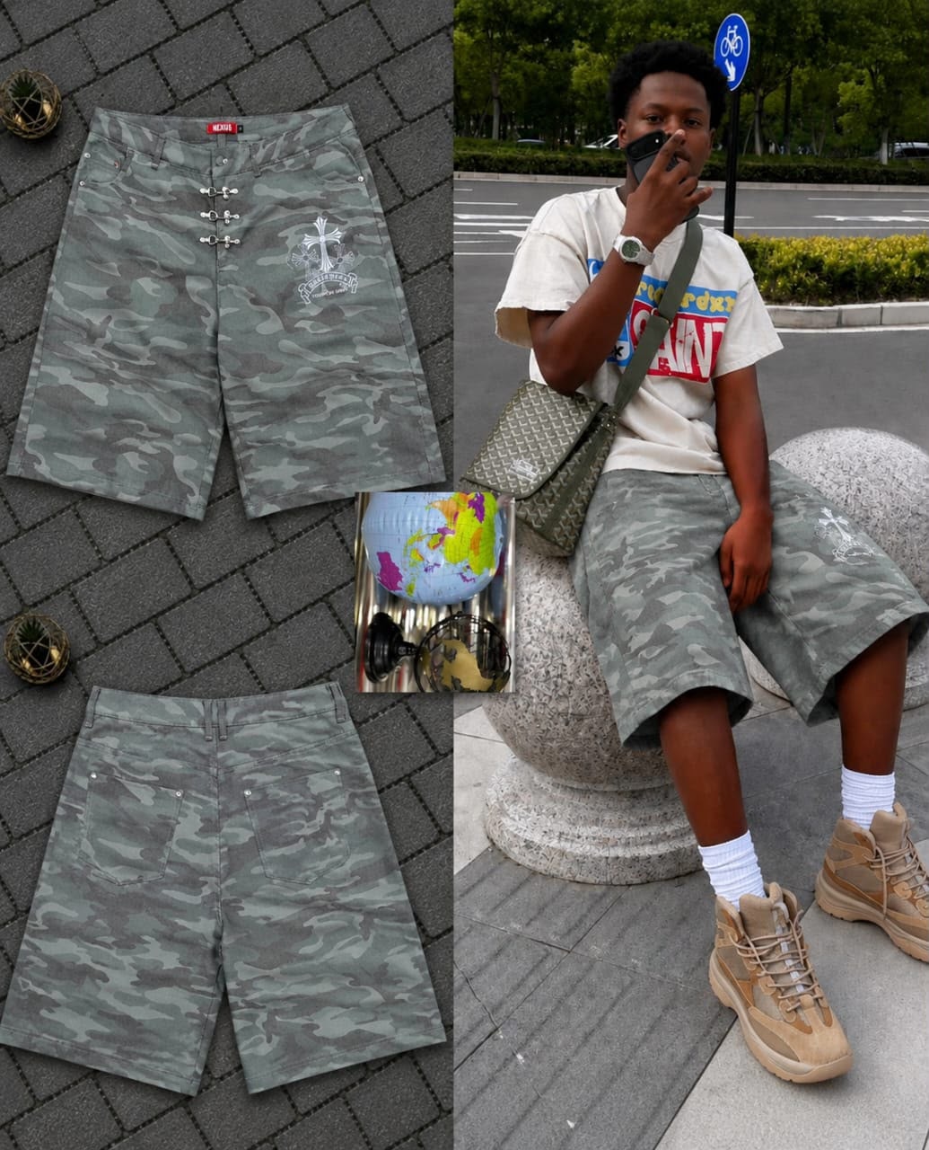 Grey camouflage knee-length shorts displayed in flat lay front and back views plus lifestyle shot on model.
