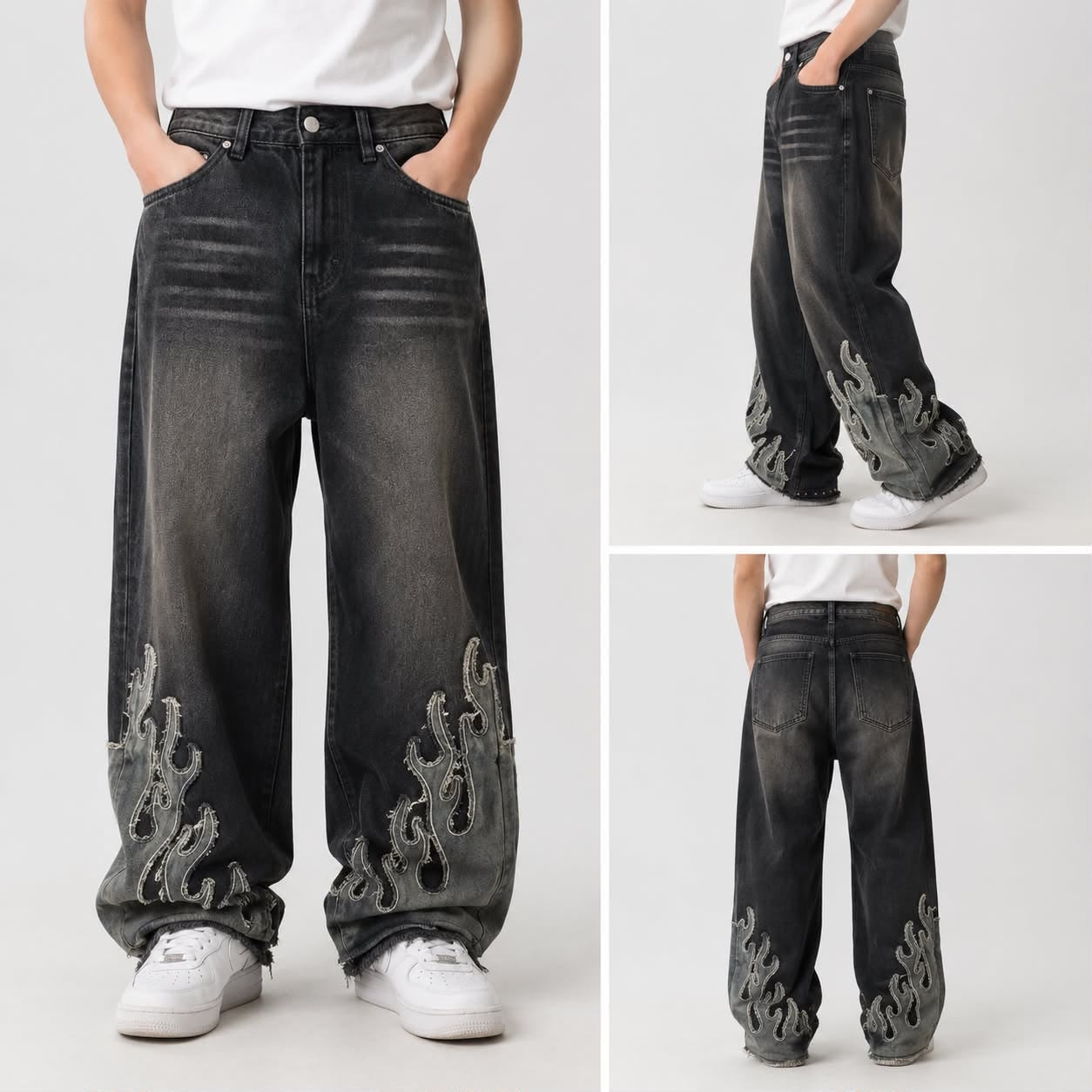 Model wearing black baggy jeans with flame embroidery, shown in front side and back views.