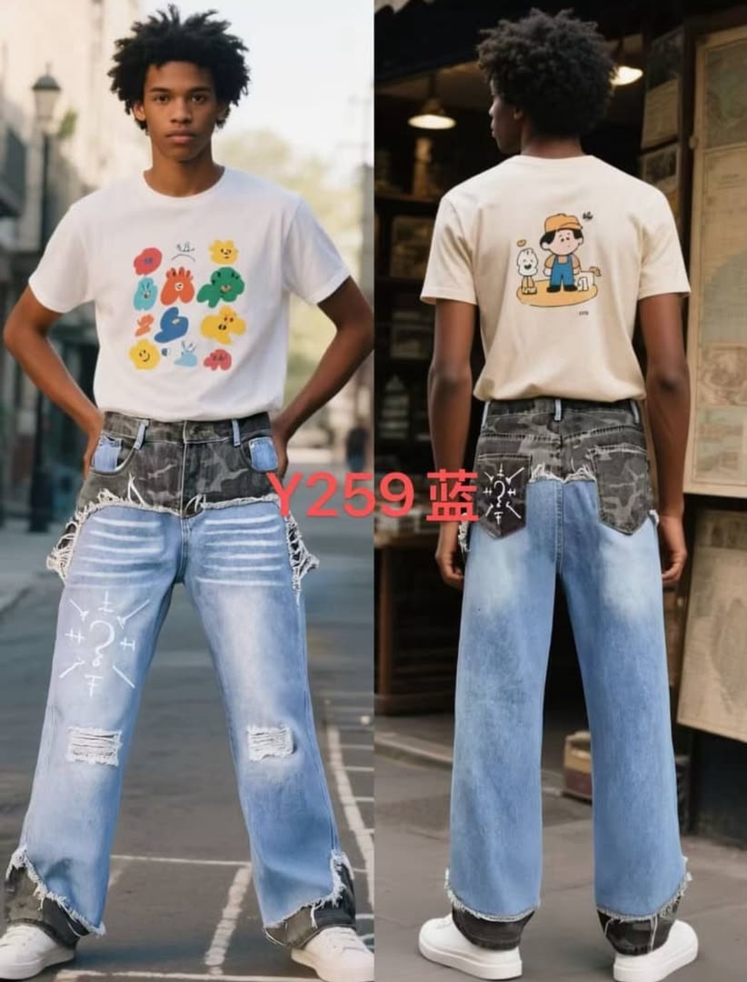 Model wearing two-tone camo and blue baggy jeans with white symbols, front and back views.