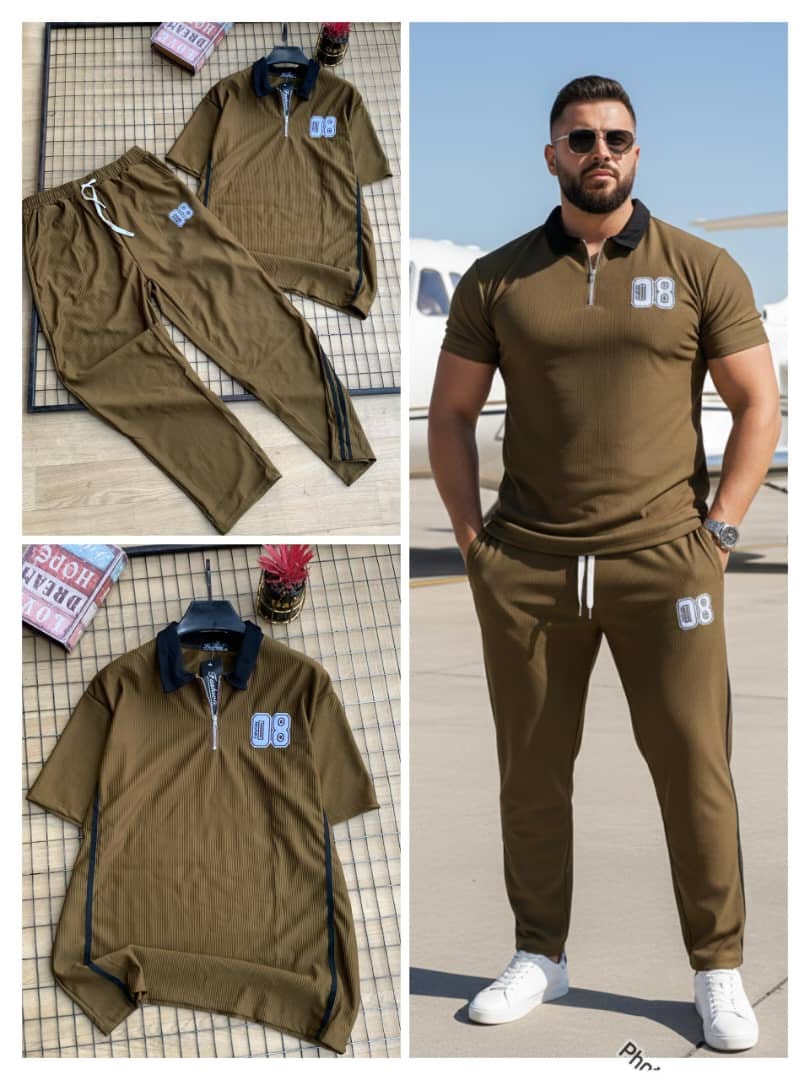 Olive brown ribbed polo and jogger two-piece set on model and in flat lay.