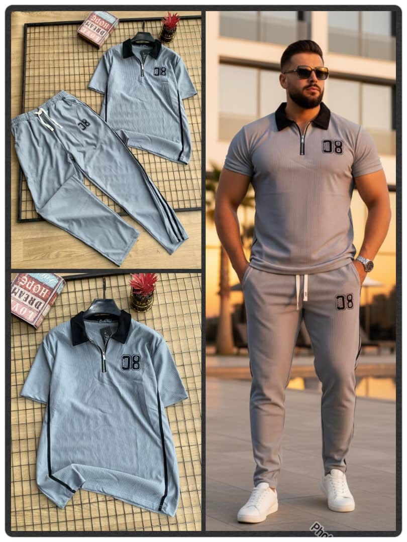 Light gray unisex ribbed polo two-piece set on model and in flat lay.