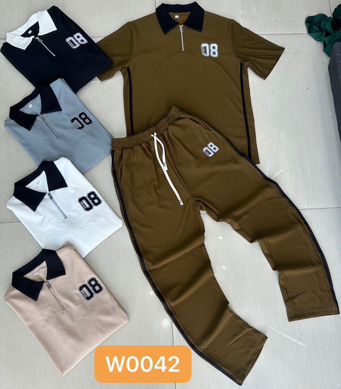 Flat lay collage of the two-piece ribbed set in black, gray, white, beige, and brown colorways.
