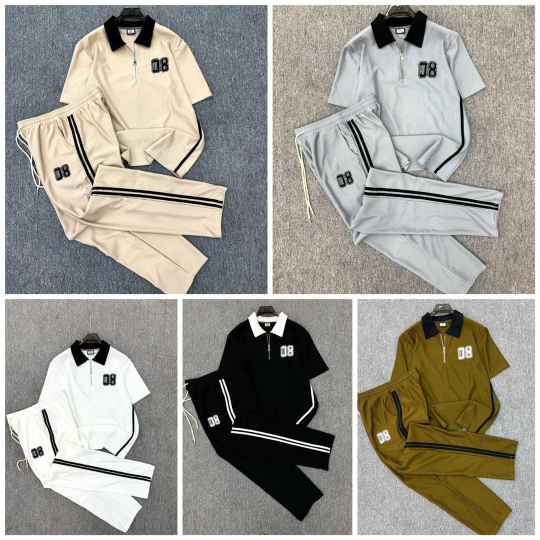 Collage of ribbed polo two-piece sets in beige, gray, white, black, and olive colorways.