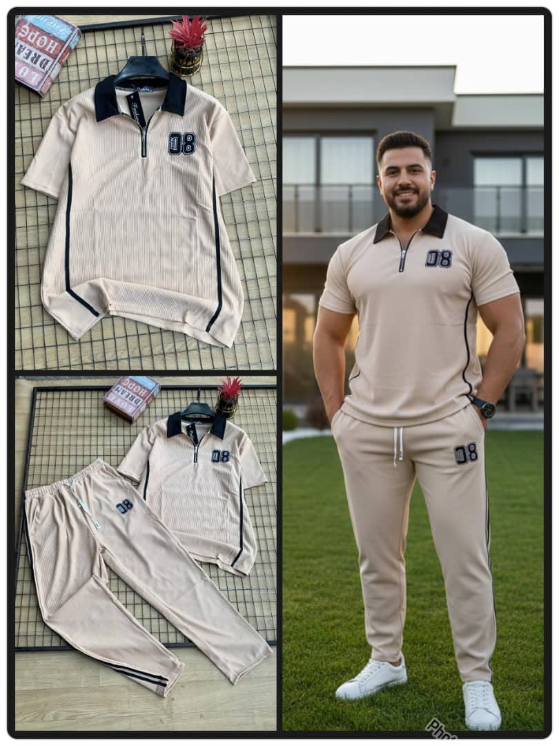 Beige unisex ribbed polo and jogger two-piece set on model and in flat lays.