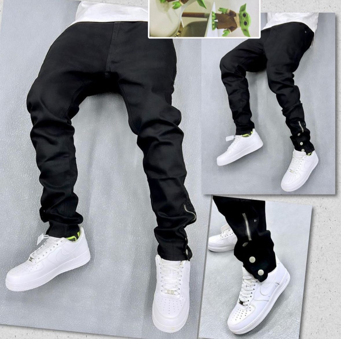 Multiple views of black jeans with ankle zippers, buttons and cuffs worn with white sneakers.