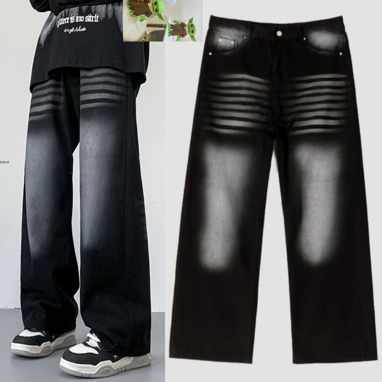 Model wearing black jeans with horizontal striped faded pattern on the legs beside flat lay of the same design.