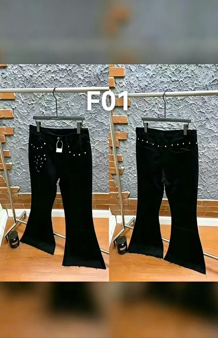Front and back views of black flared jeans with pearl embellishments labeled F01.