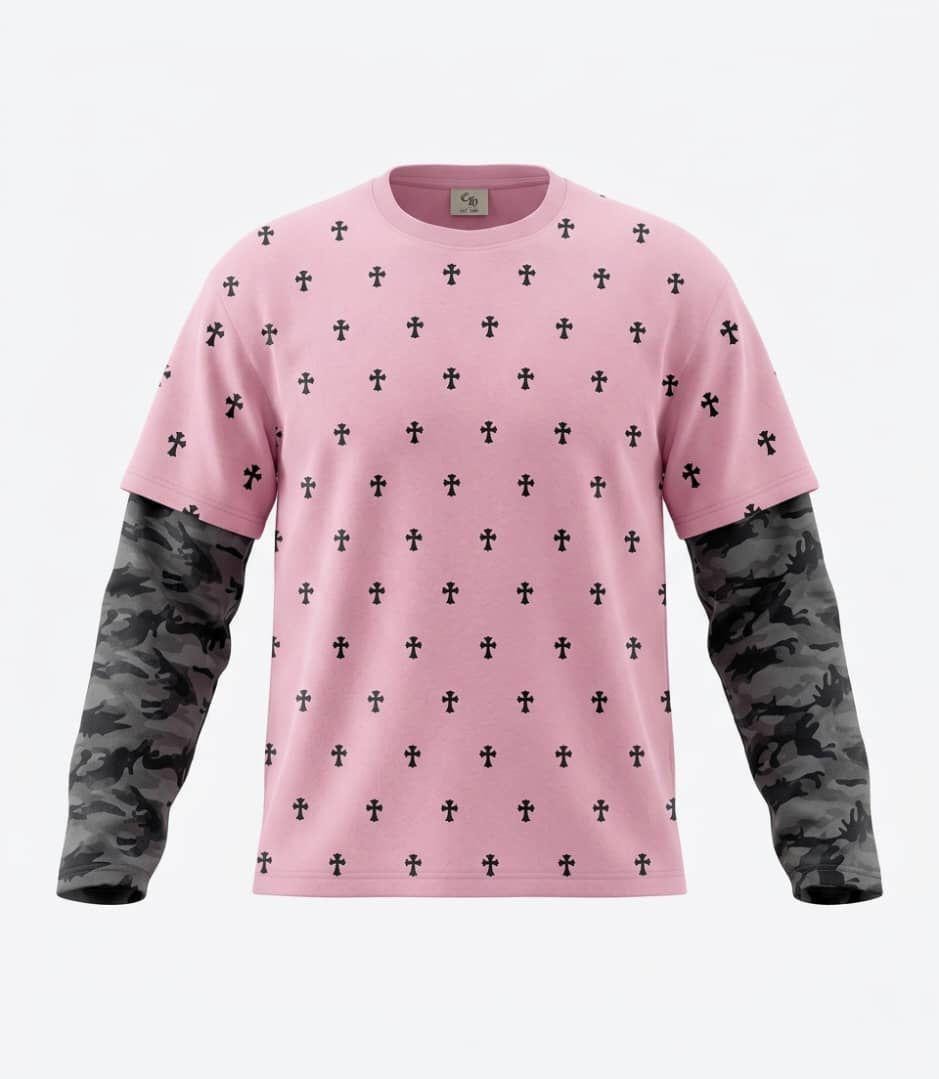 Pink cross print long sleeve t-shirt with camouflage sleeves.