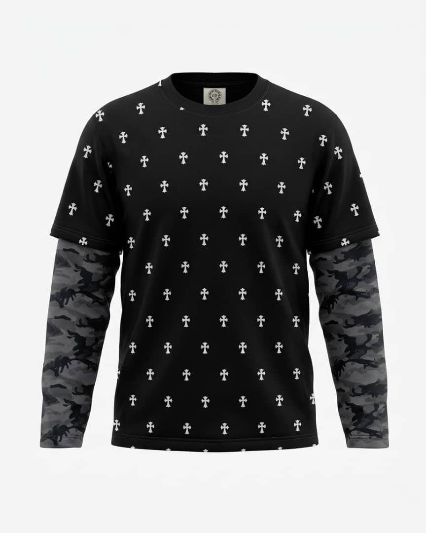 Black cross print long sleeve t-shirt with camouflage sleeves.