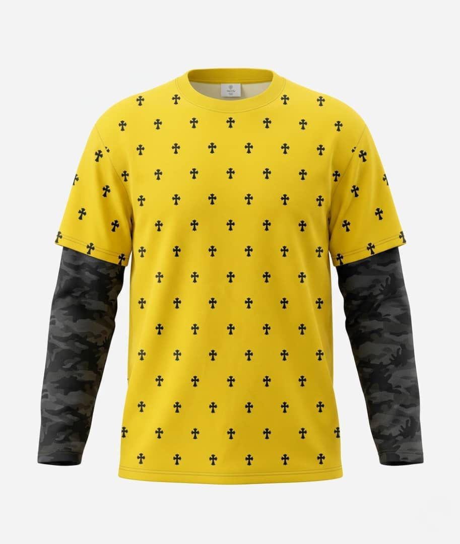 Yellow cross print long sleeve t-shirt with camouflage sleeves.