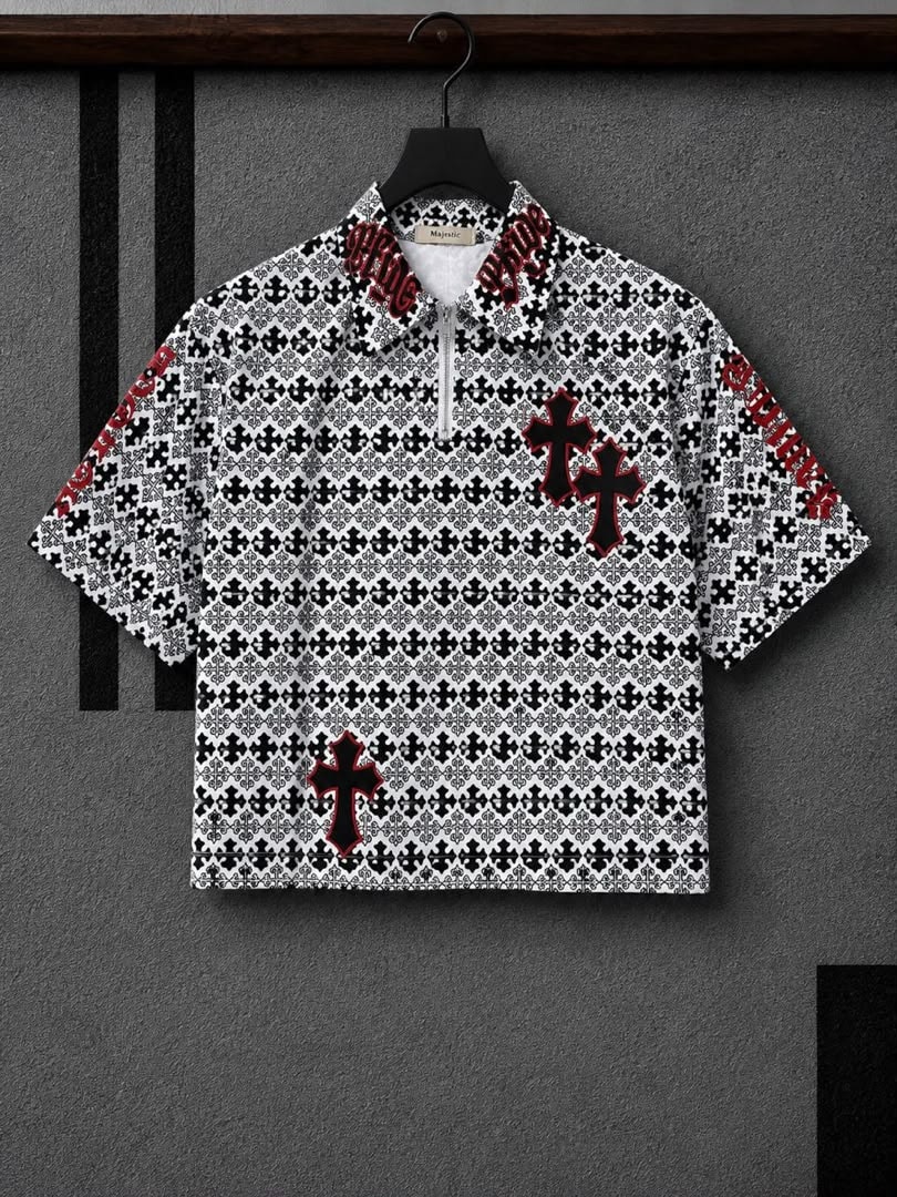 White polo shirt with black and red cross pattern and Pride text.