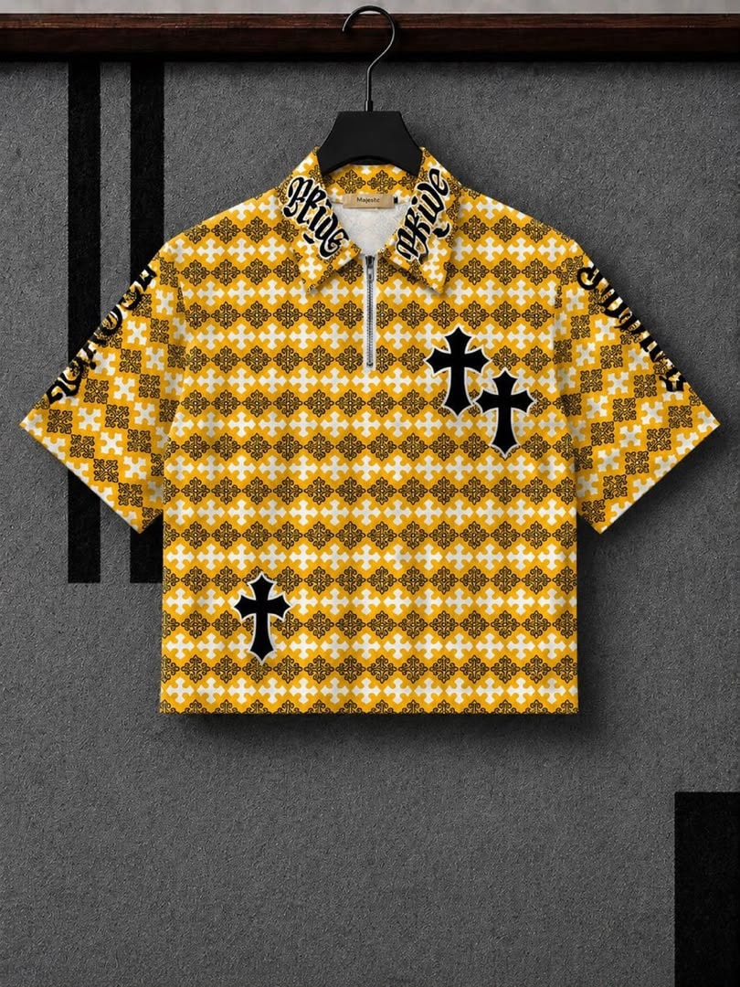 Yellow polo shirt with all-over cross pattern and Pride text on collar.