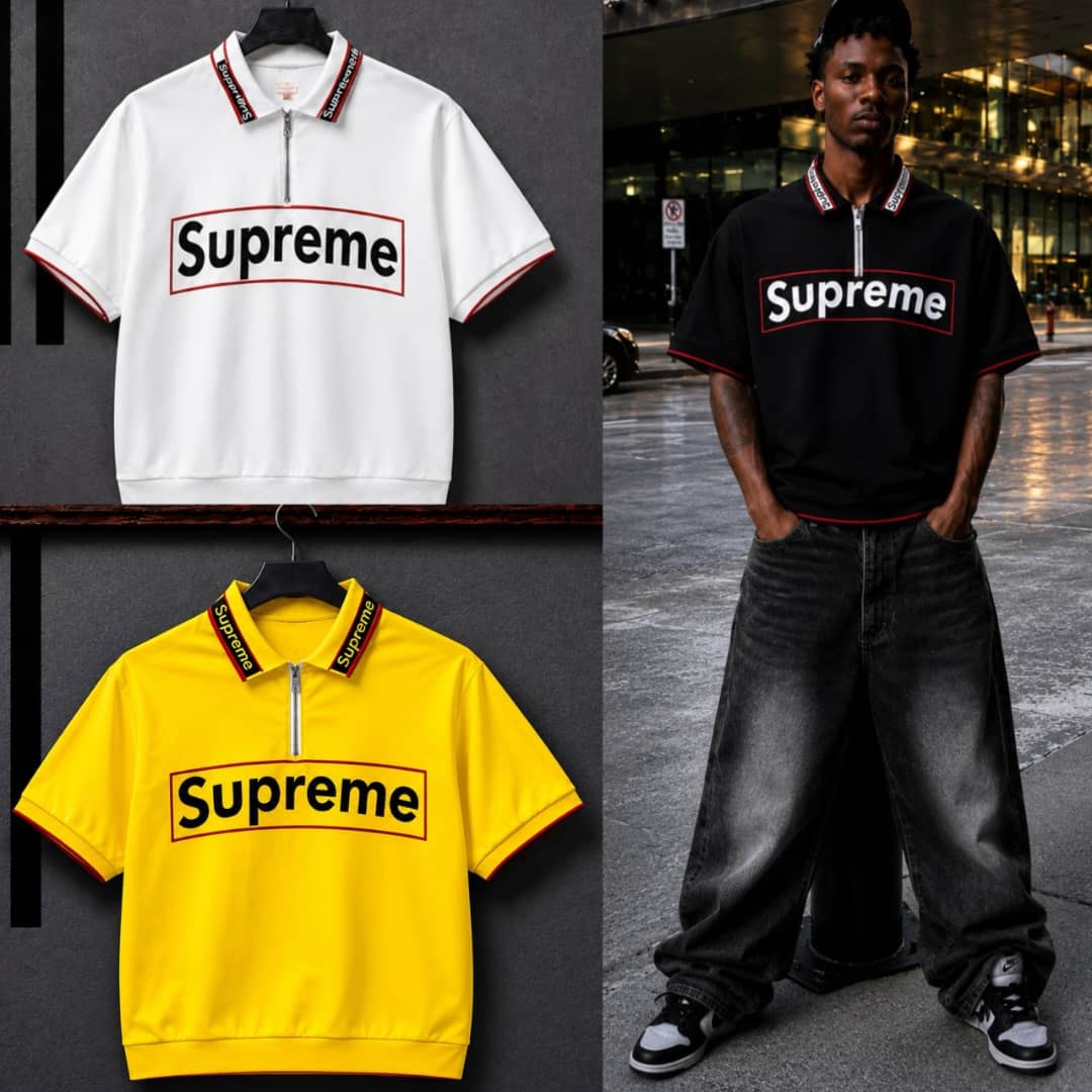 White, yellow and black polo shirts with Supreme box logo.