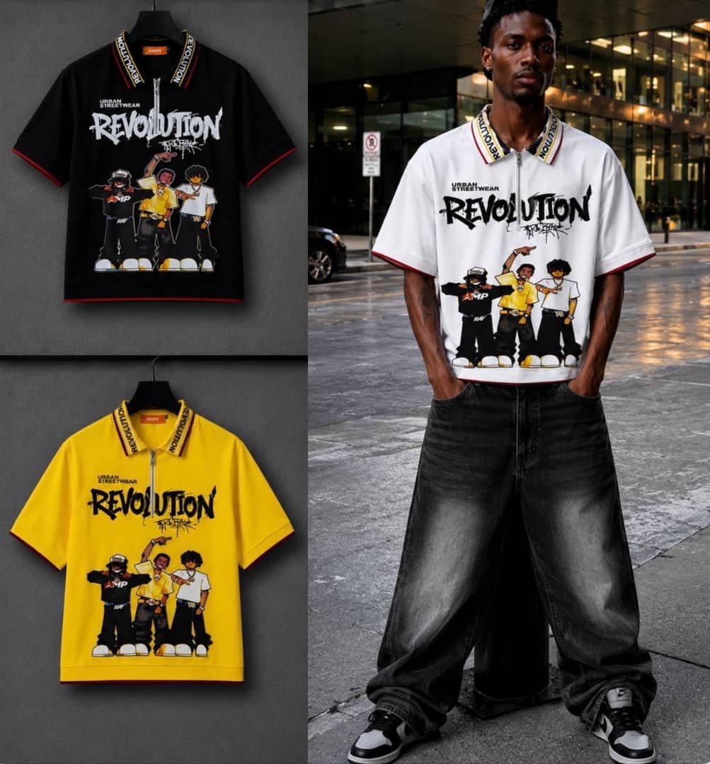Black, white and yellow polo shirts with Revolution graphic print of three figures.