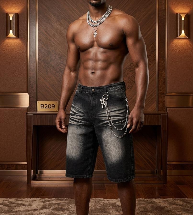 Man wearing black denim jorts with chain accessory in modern interior.