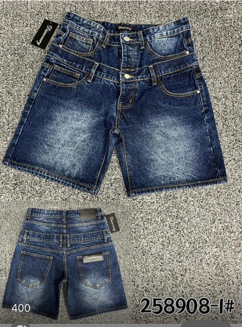 Front and back views of blue Discovery denim utility shorts with multiple pockets.