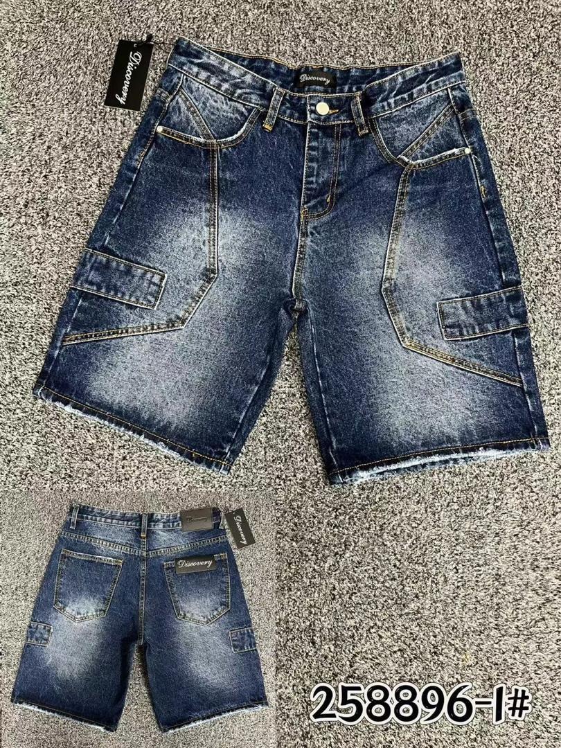 Front and back views of blue Discovery cargo denim shorts with flap pockets.