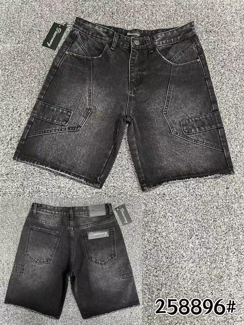 Front and back views of black Discovery cargo denim shorts with flap pockets.