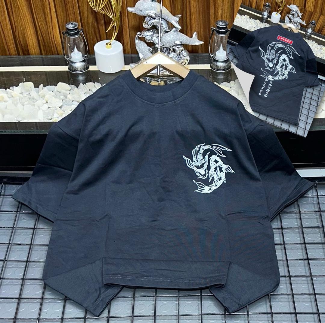 Gray oversized t-shirt with white koi fish graphic on chest and dragon design on back inset.