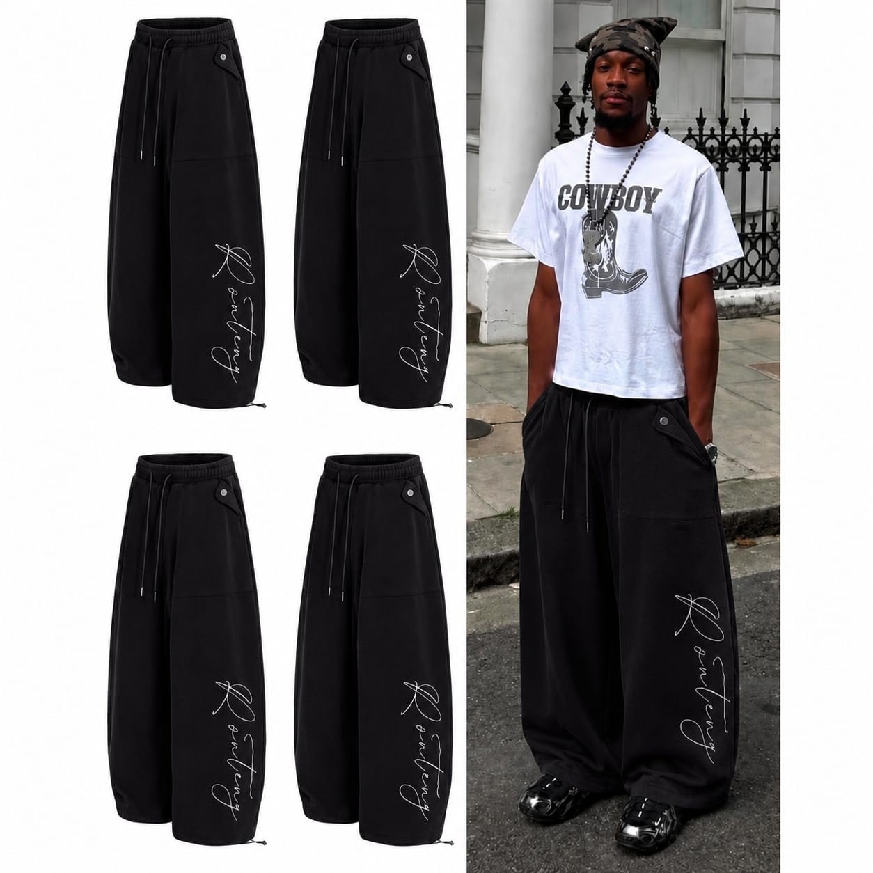 Black baggy wide-leg joggers with side pockets and leg embroidery in studio and lifestyle shots.
