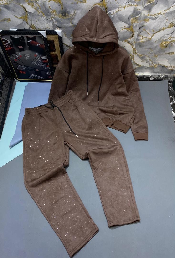 Brown sparkle glitter hoodie and joggers with no additional prints.