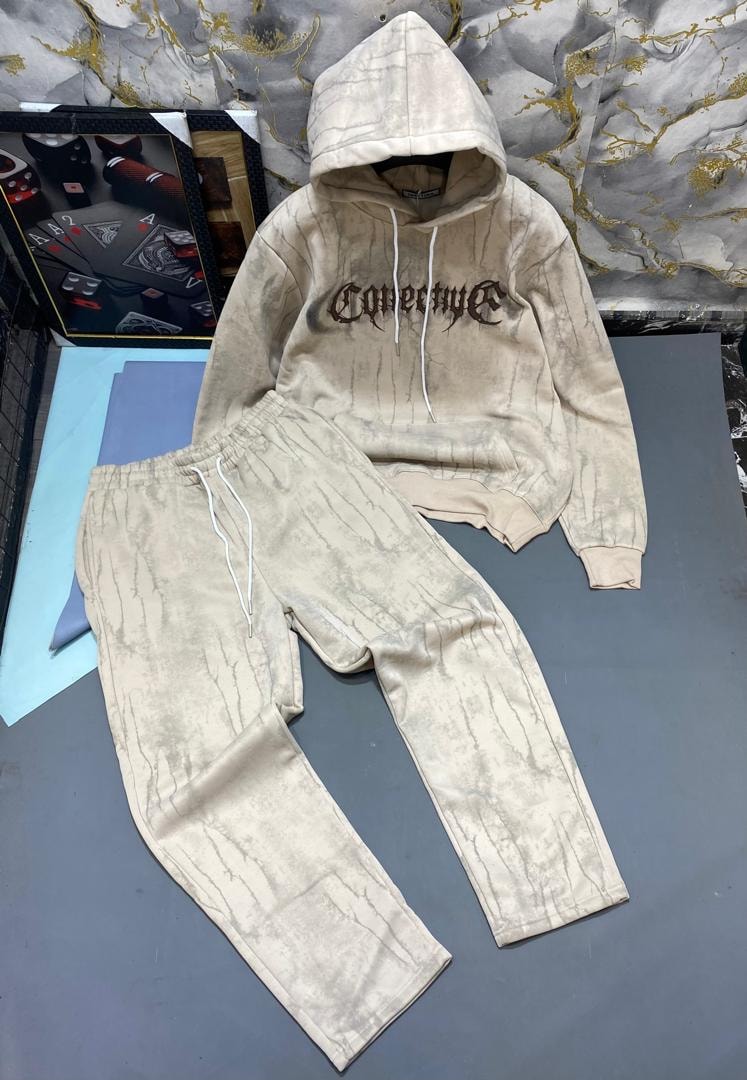 Cream tie-dye hoodie and joggers with dark gothic text print.