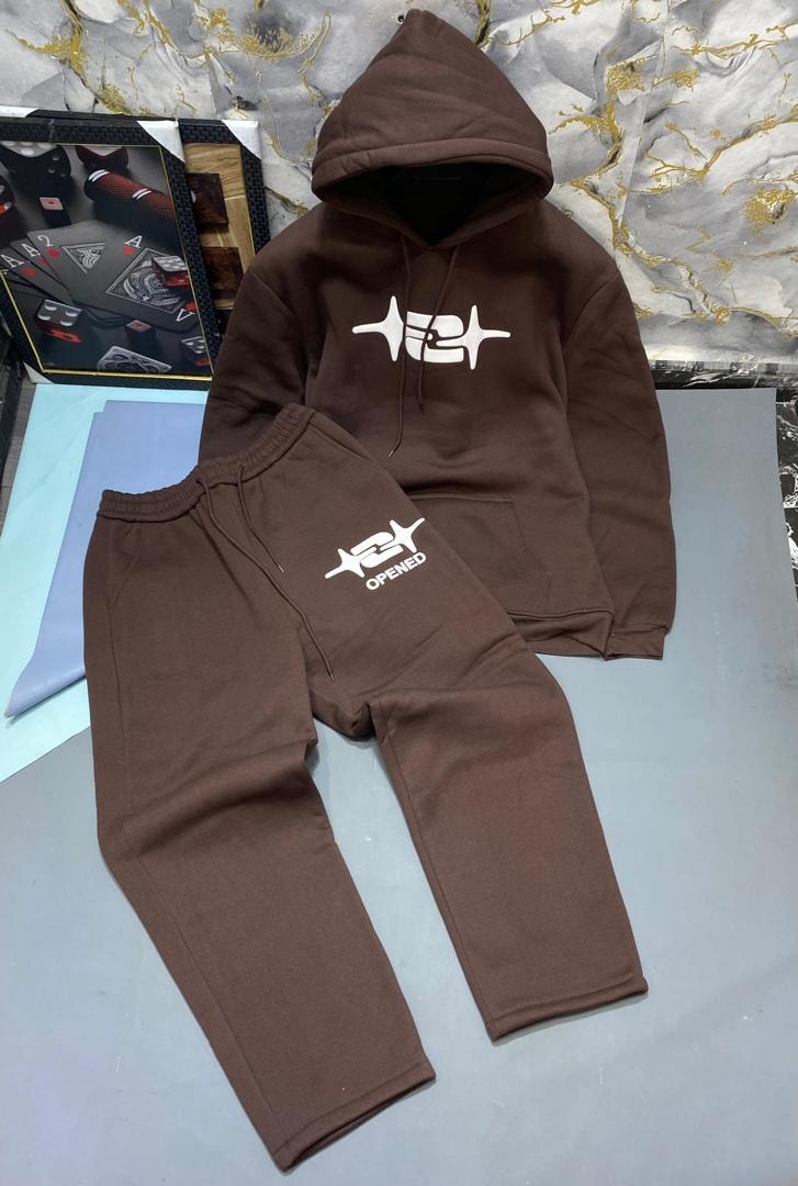 Brown hoodie and joggers with white symbol logo and OPENED text.