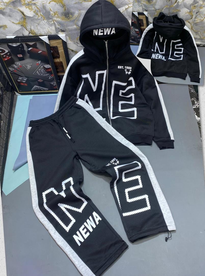 Black zip hoodie and jogger set with white NEWA graphic prints.