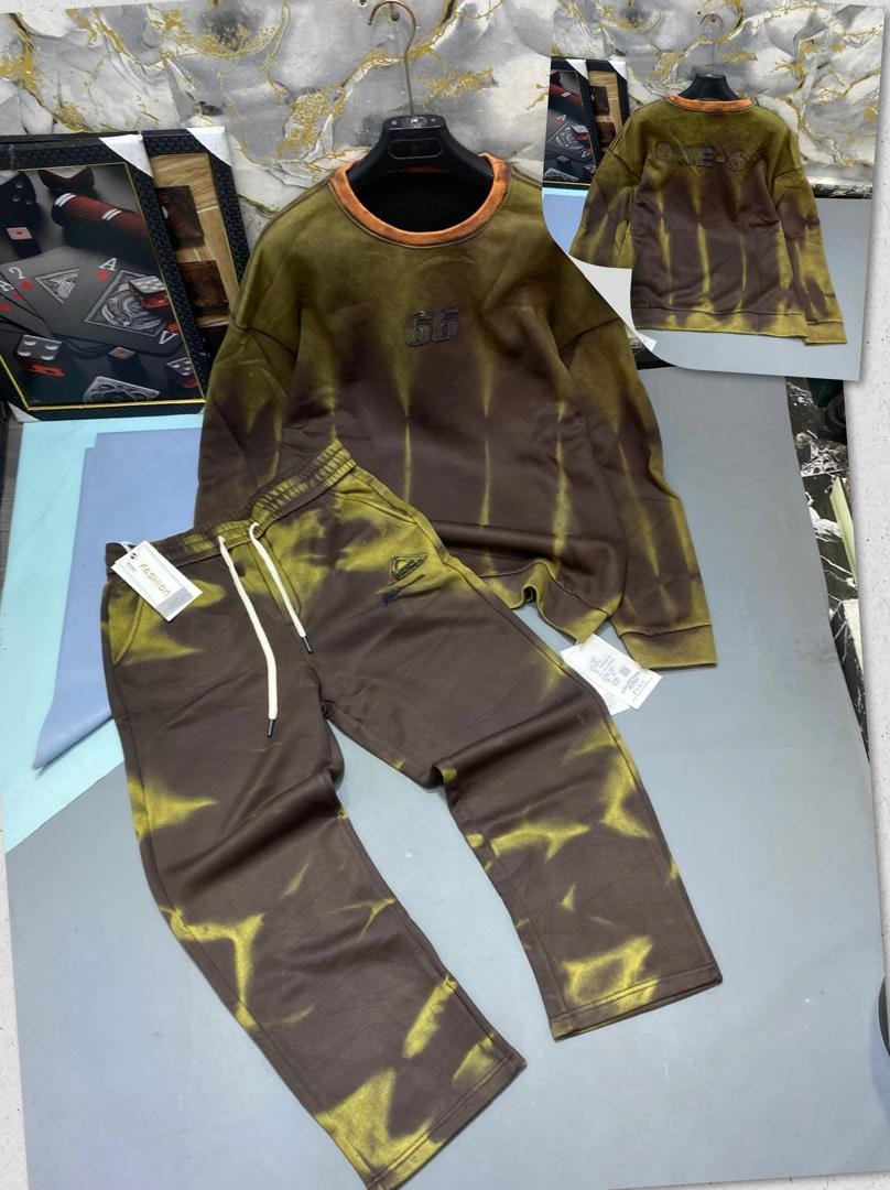 Brown and yellow tie-dye sweatshirt and jogger set with 66 embroidery.