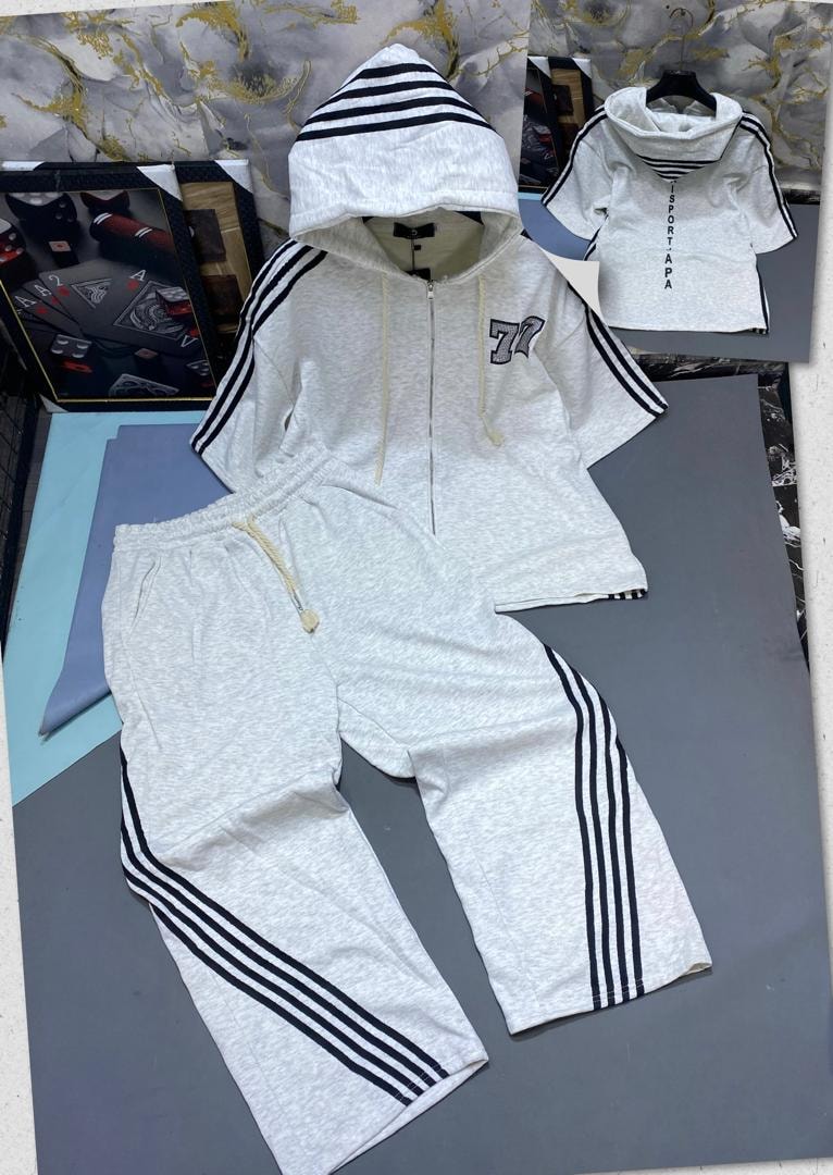 White heather zip hoodie and jogger set with black stripes and 77 graphic.