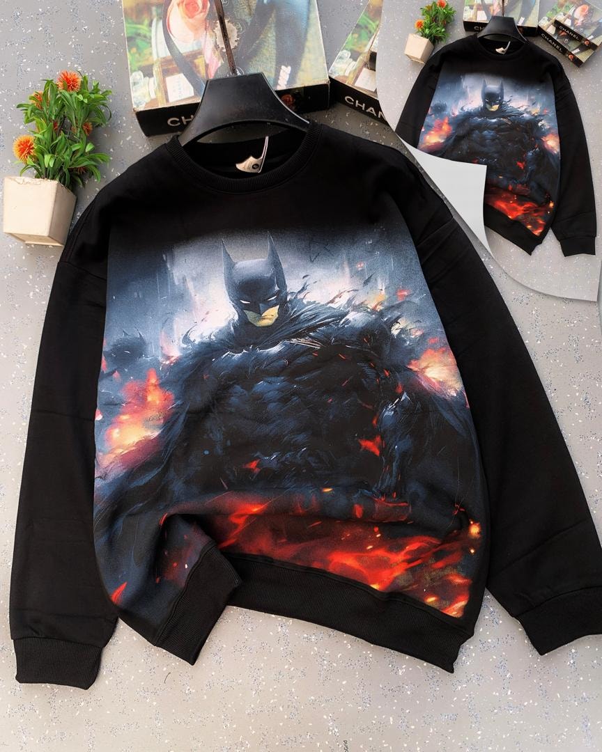 Black crewneck sweatshirt with large Batman graphic in fiery lava scene