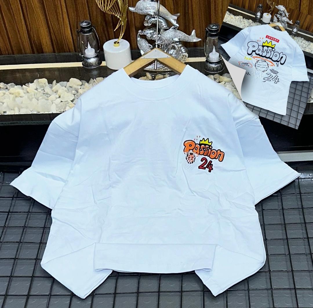 White oversized t-shirt with Passion 24 basketball graphic on chest and back inset.