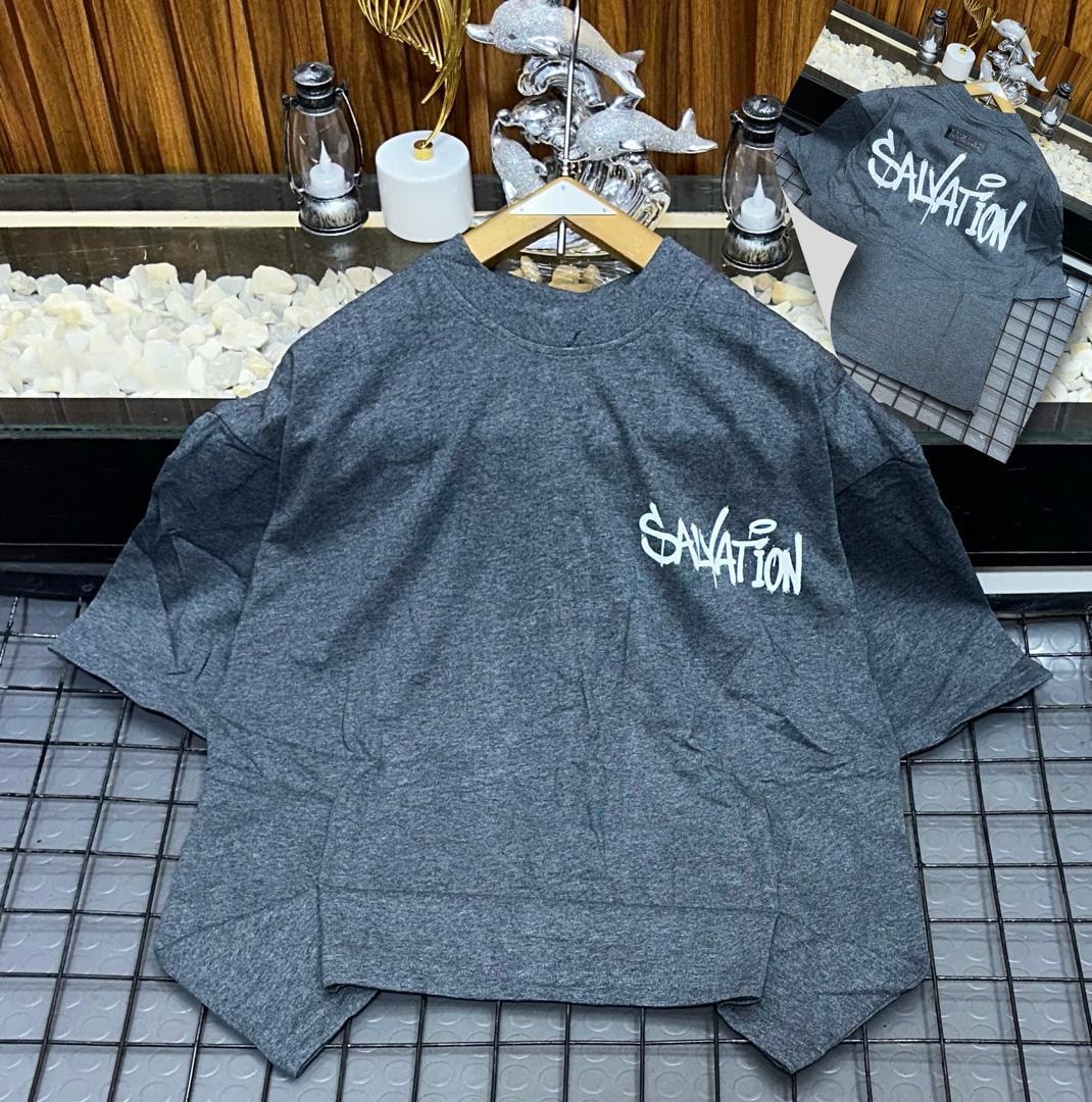 Gray oversized t-shirt with white Salvation graffiti print on chest and back views.