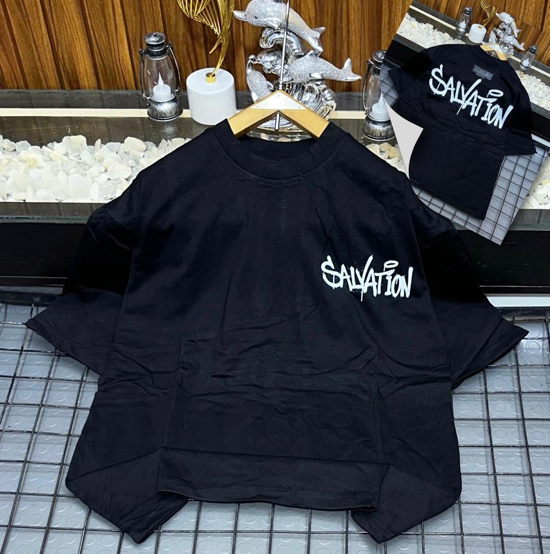 Black oversized t-shirt with white Salvation graffiti print on chest and back views.