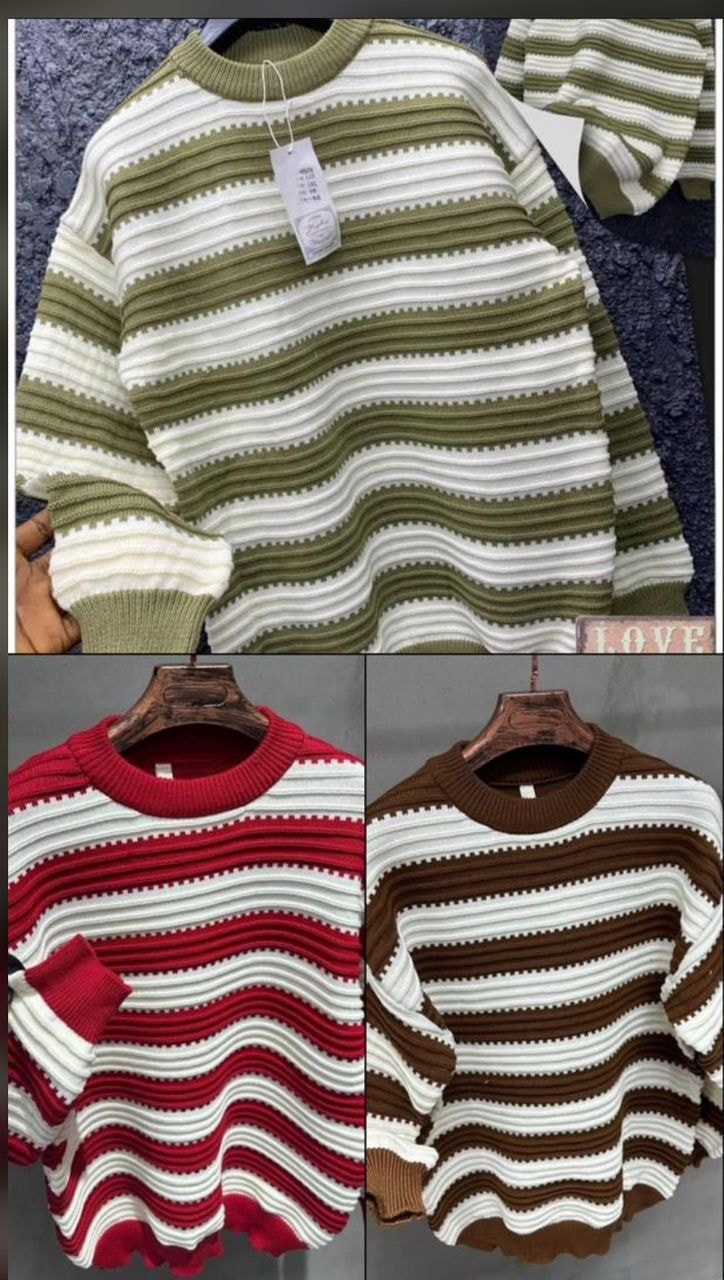 Wavy striped rib knit sweaters in olive, red and brown colorways with close-up views.